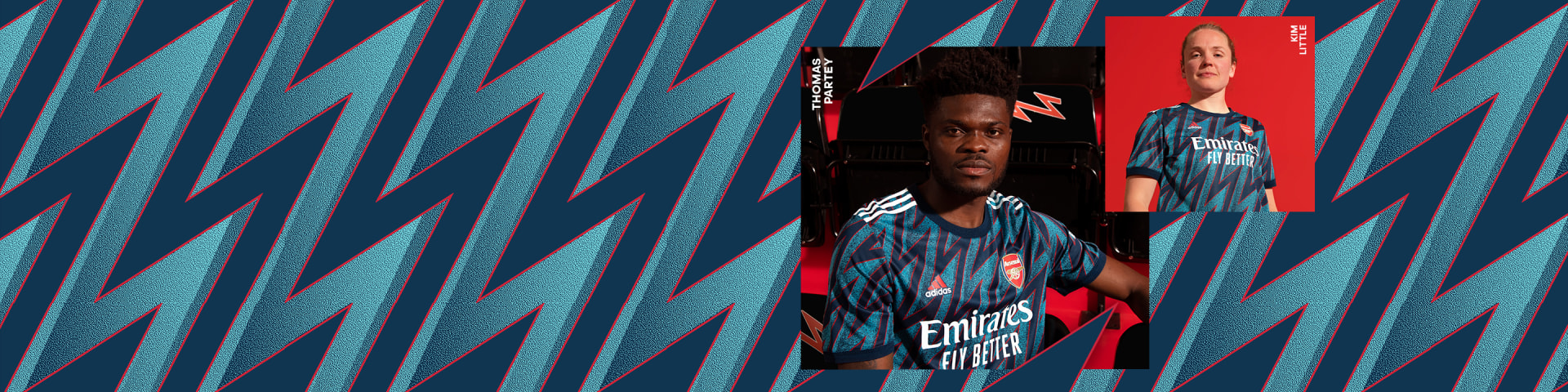 A male and female player wearing the Arsenal Third Kit