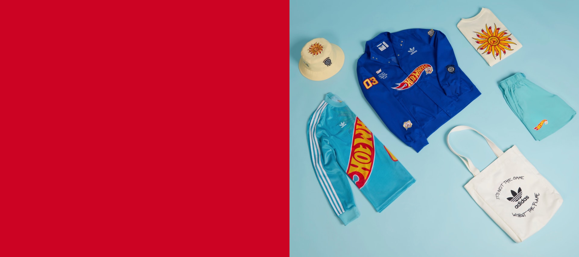 Flat lay of the adidas Originals x Sean Wotherspoon x Hot Wheels collection including apparel, footwear and accessories.