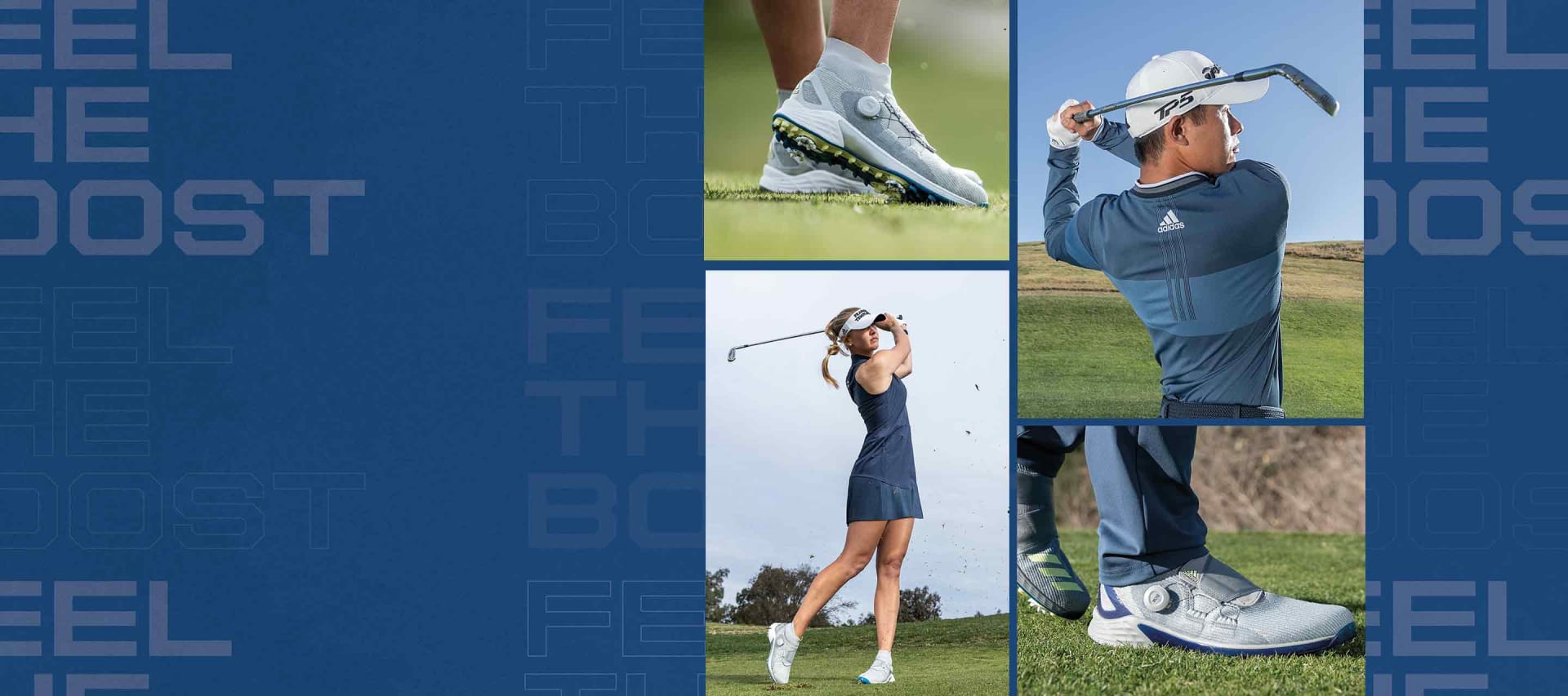 Collage of multiple imagery of men and women playing golf