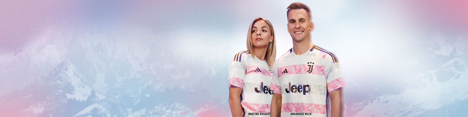 Visual composition of Female and Male pro football players wearing the New Juventus 23/24 Away kit
