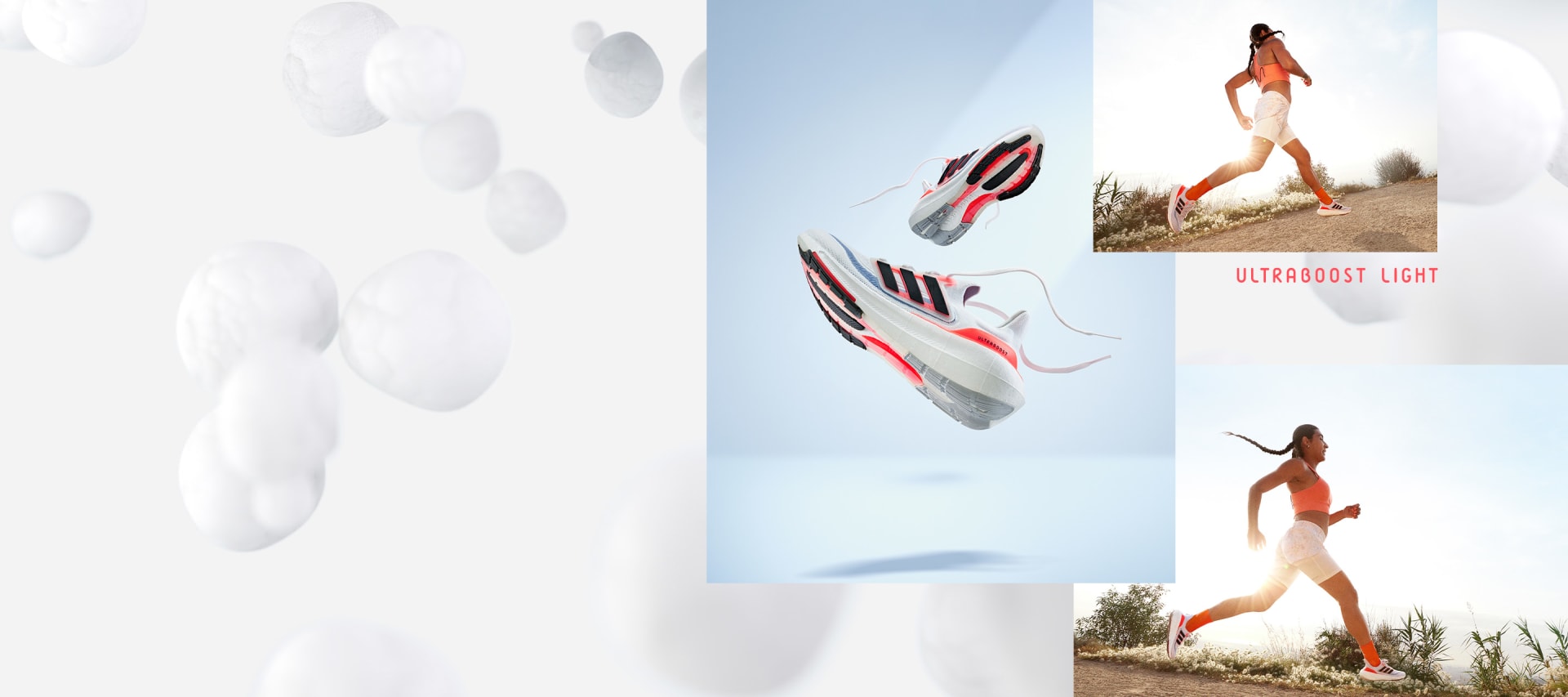 Image collage of woman running in Ultraboost Light shoes.