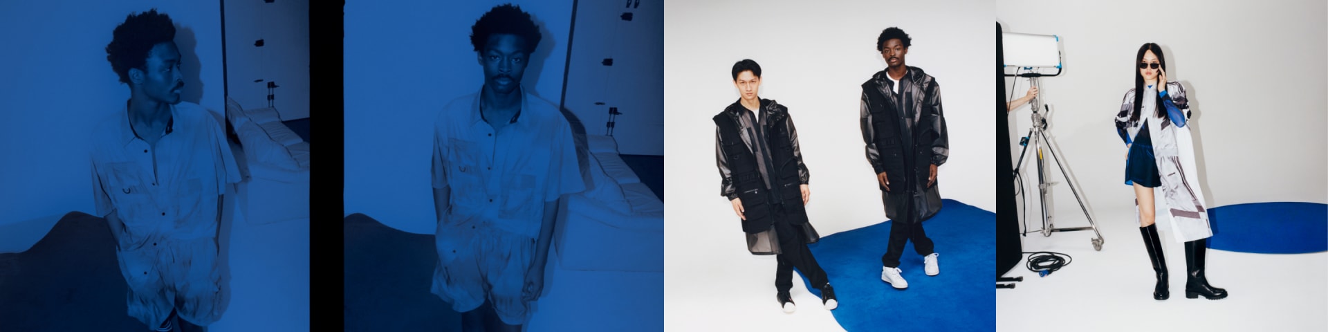 Four images of models sporting garments from the new Blue Version collection including a hooded raincoat and lightweight windbreaker.