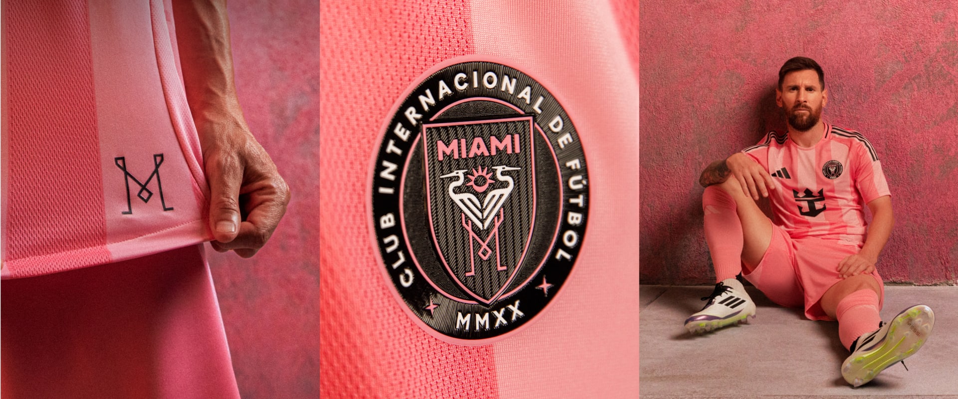 The image shows a person wearing a pink outfit and standing in front of a pink wall with a logo for an organization called "Club Internacional de Fútbol Miami" prominently displayed.