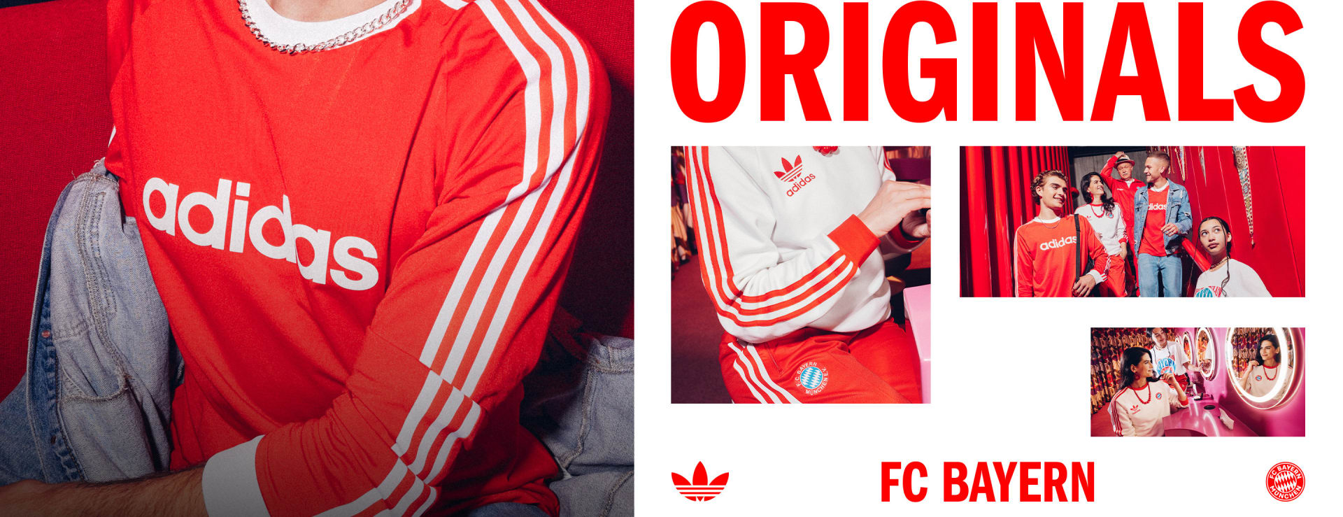 Visual composition of a multi generational group of FC Bayern Fans wearing the new FC Bayern Originals Bringback collection