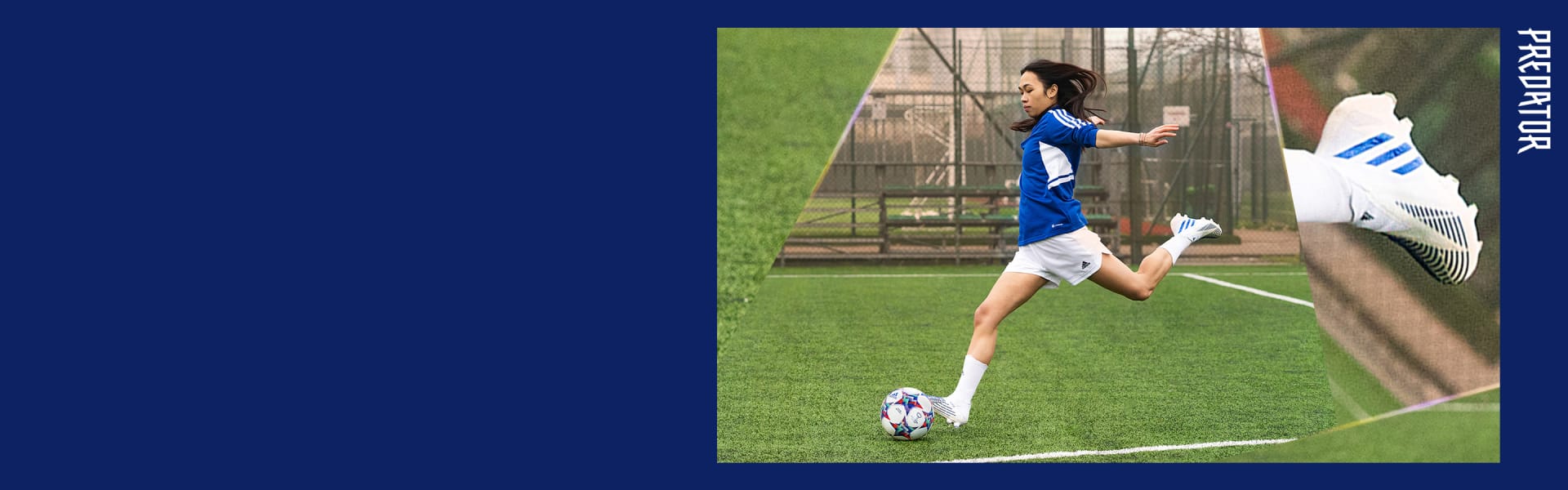 Image of female player, blue and white kit, kicking the ball on the pitch.