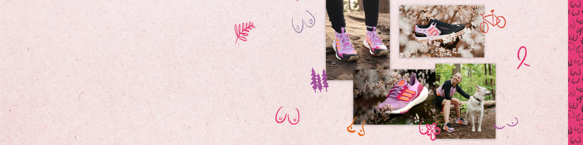 Woman and the dog in the nature - 4 pairs of trainer hiking, bike and running - breast pictos
