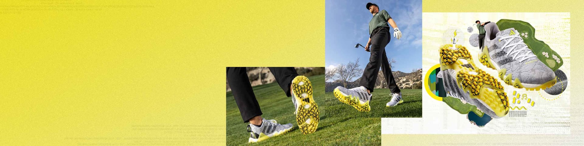 One photo showing the bottom of CODECHAOS 22, one photo of Daniel Berger walking on a golf course wearing CODECHAOS 22, one photo of CODECHAOS 22 golf shoes