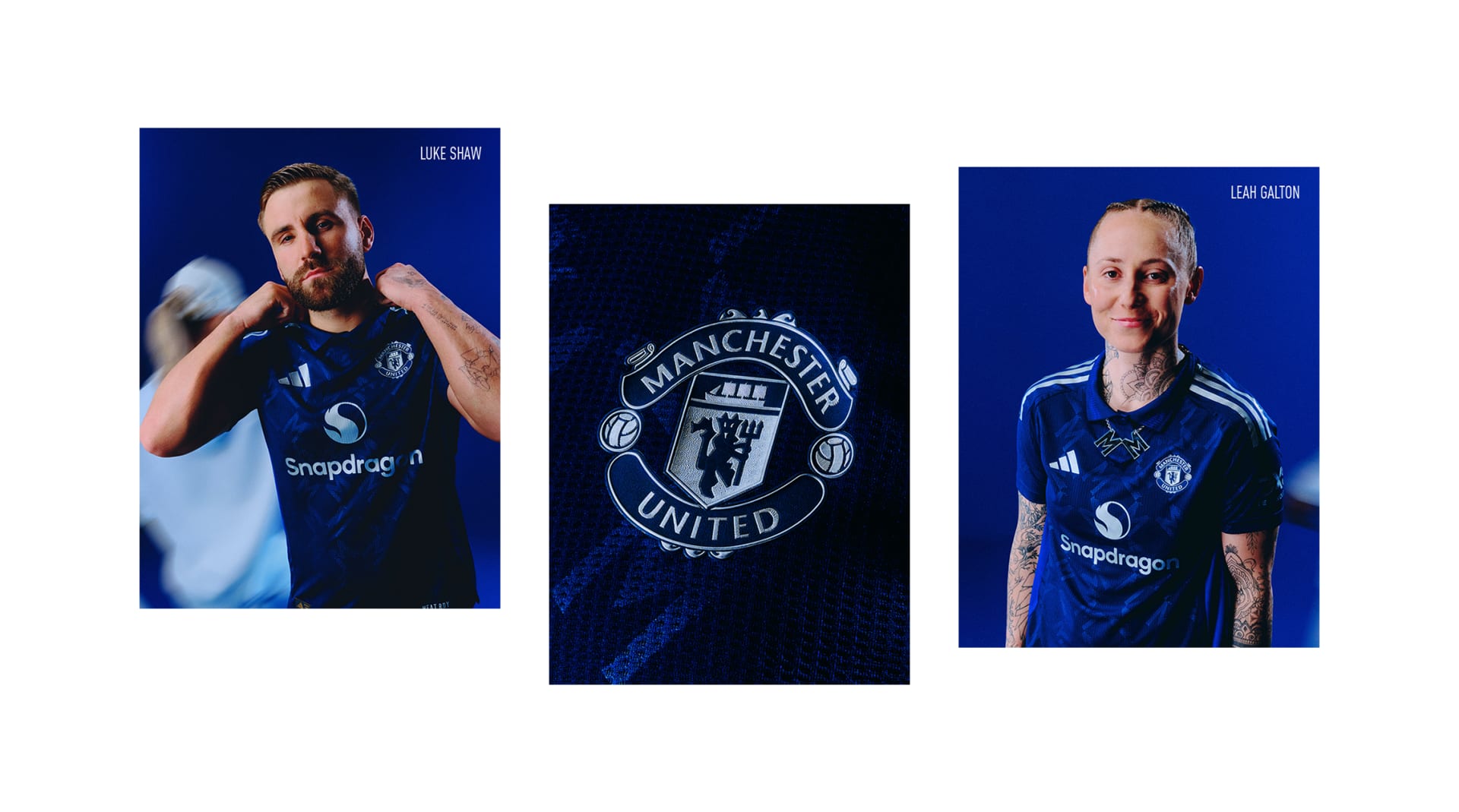 Visual composition of male and female players wearing the new Manchester United 24/25 away kit
