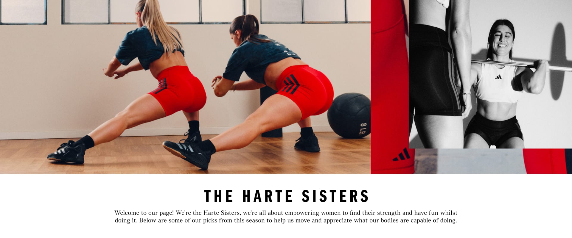 Two women in athletic wear are performing a fitness routine in a gym setting, with a red punching bag visible in the background.