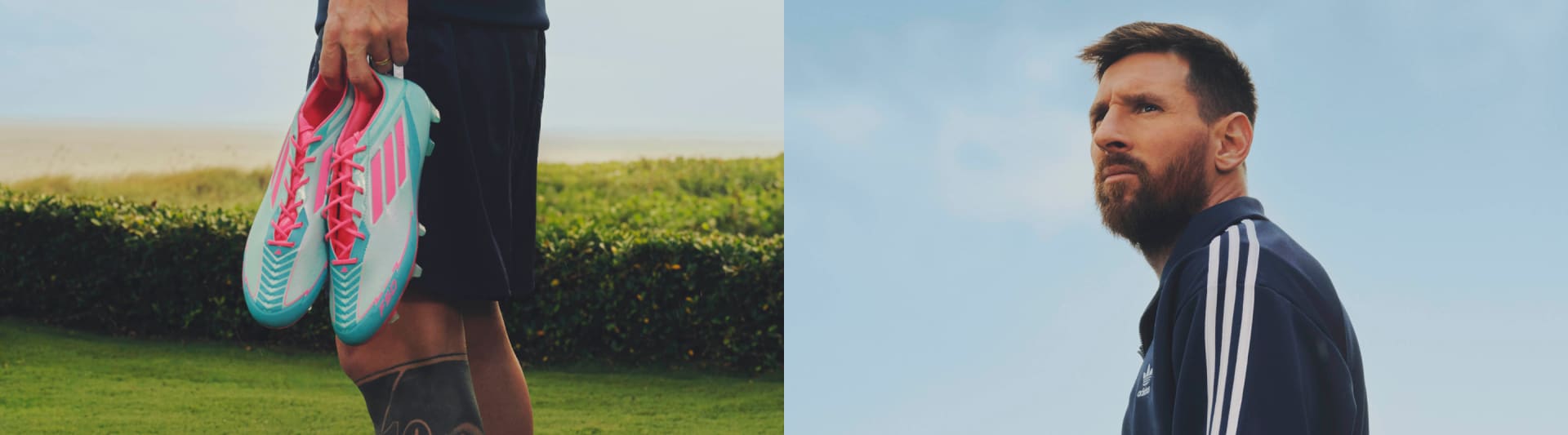 The image shows Messi standing in a grassy field, holding a pair of colourful F50 soccer cleats.