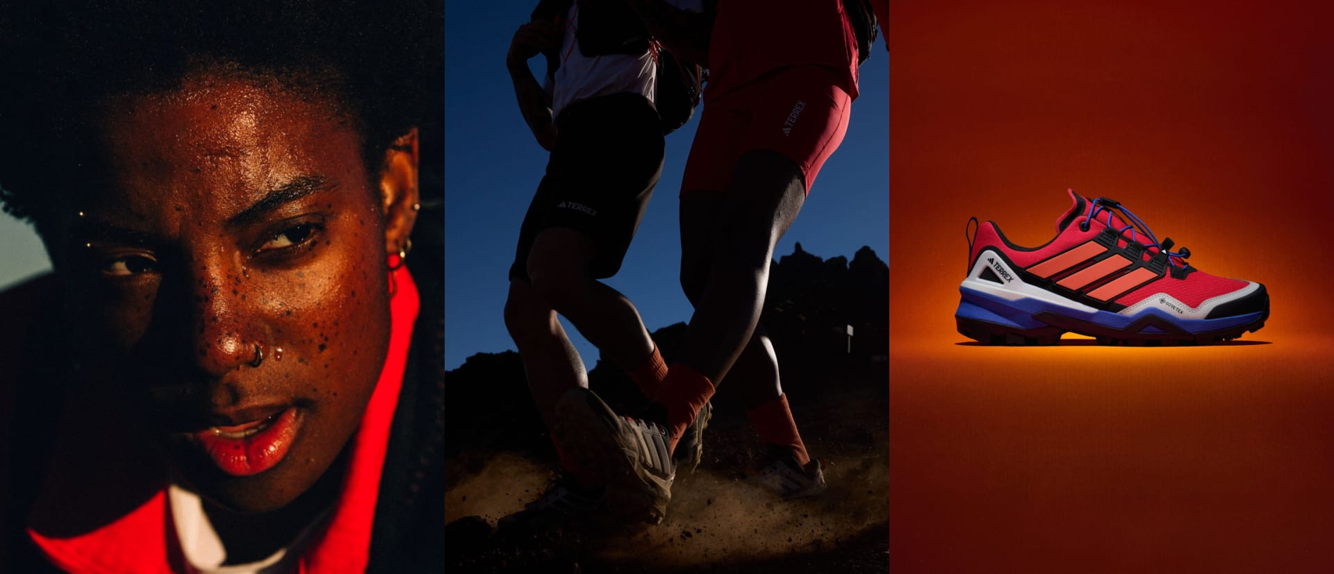 The image features a close-up of a person's face, with vibrant red and orange lighting illuminating their features. In the background, there are silhouettes of figures and a pair of colorful athletic shoes.