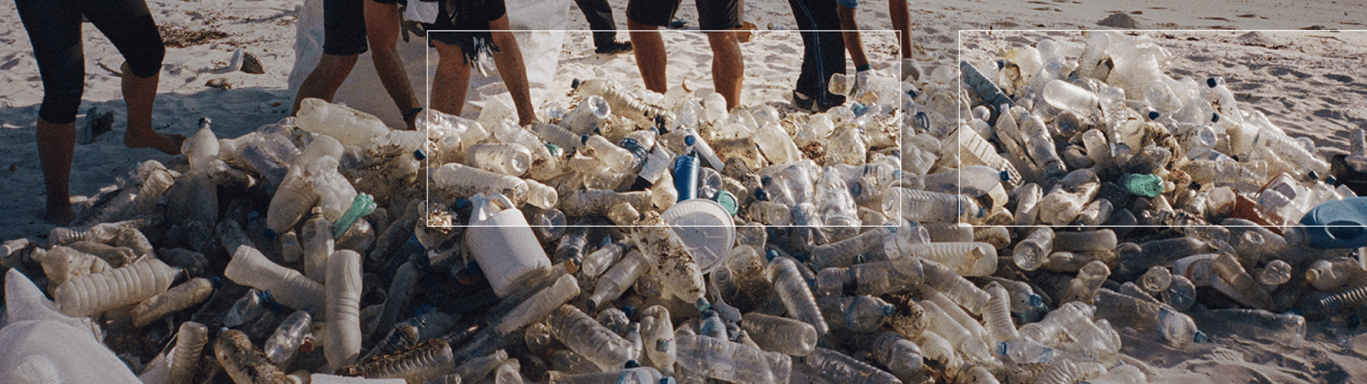 People cleaning up plastic bottles from a beach