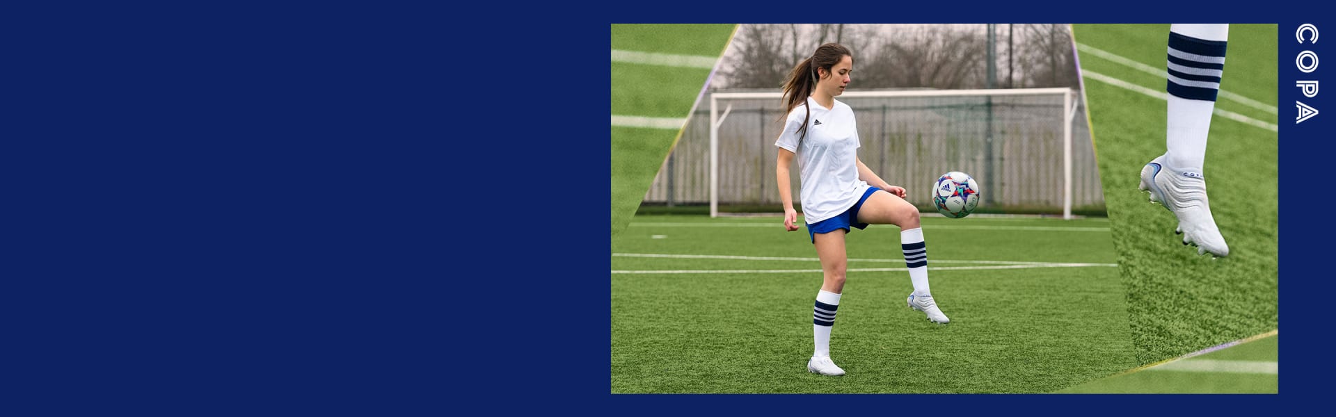 Image of female telent on the pitch, white and yellow kit, ball near the knee.