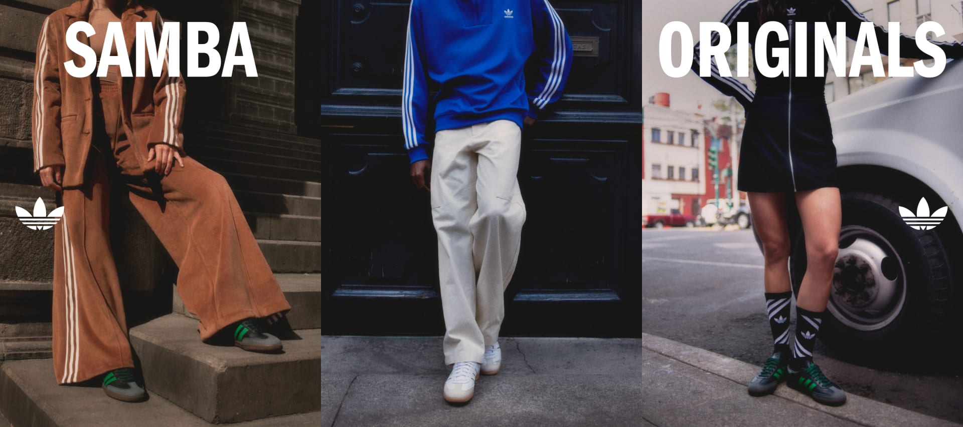 Three people, pictured from the waist down, posing outside in black and white adidas Samba shoes.