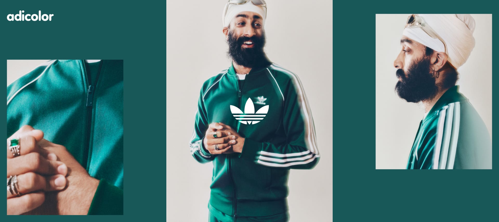 A collage of a man with black beard smiling and looking off camera while wearing a green adicolor tracksuit and a white turban.