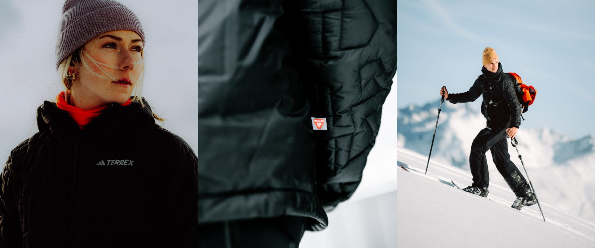 GIF of 3 frames of people in the snow wearing The Xperior Hooded Jacket and other items from the Terrex  Adeventure Wardrobe FW24 collection.