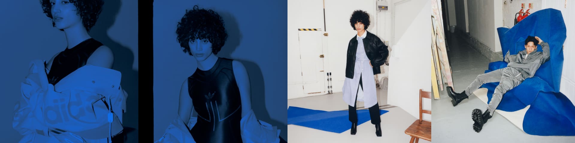 Four images of models sporting garments from the new Blue Version collection including a long shirt, a skin-tight neoprene, and a tracksuit.