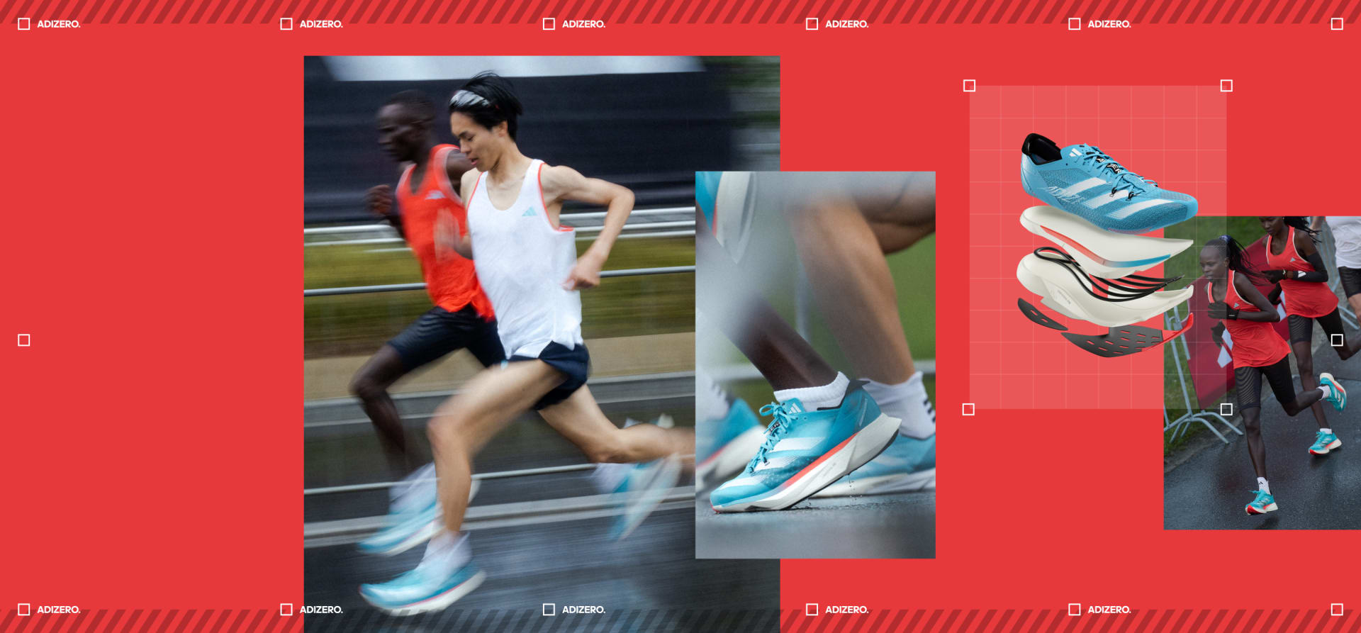 Montage of runners in motion wearing Adizero Pro 3, close-up on running shoe, cross-section of the layers of foam in Adizero Pro 3, Peres Jepchirchir wearing Adizero while racing.