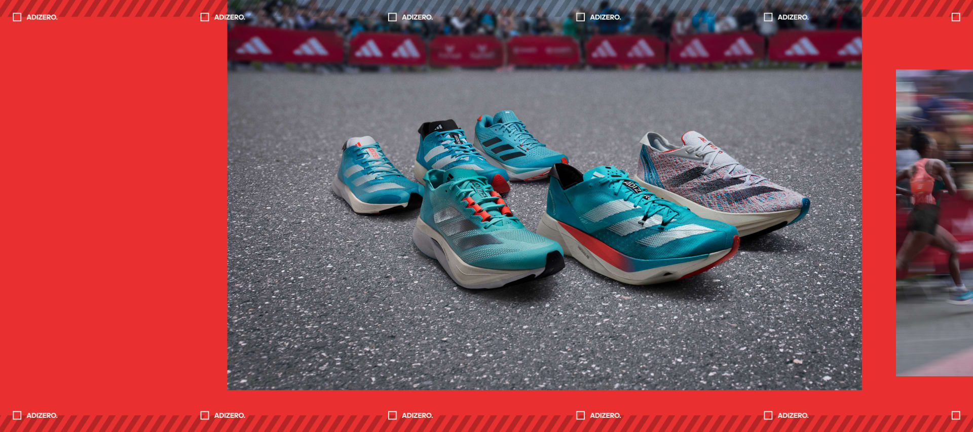 A selection of individual Adizero running shoes on the tarmac of a road race route, including the Prime X 2 Strung, Adios Pro 3, Boston 12 and Takumi Sen 9.
