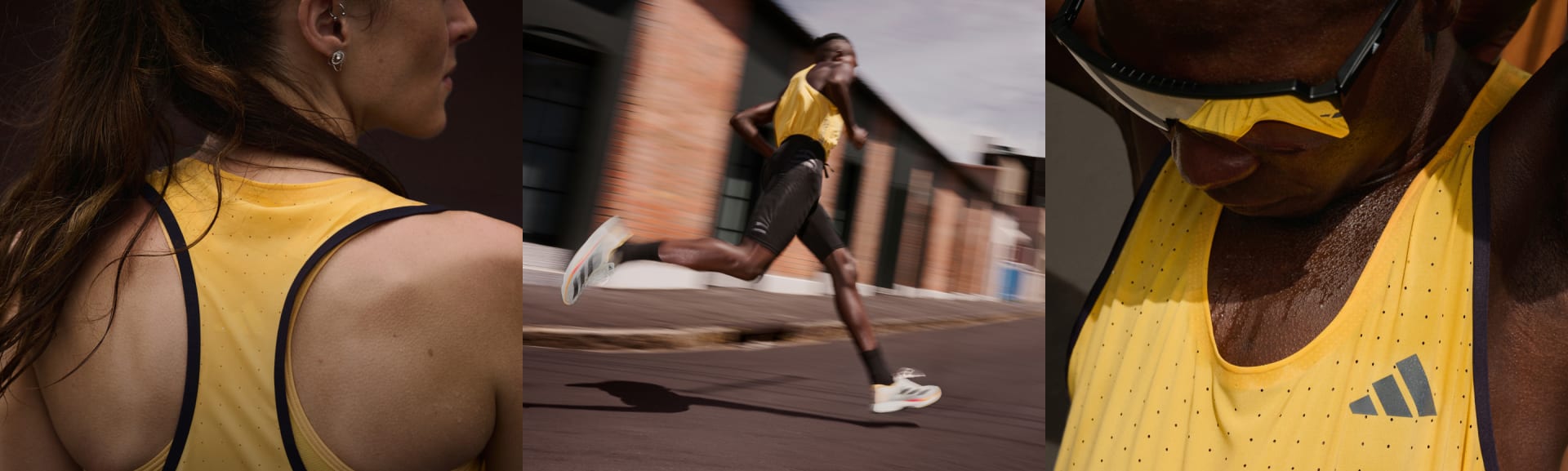 A montage of three images. The first is a woman's back, wearing a yellow Adizero tank top. The second is a man running on road, blurred in motion, wearing the Adizero Boston 12 and the third is a man wearing sunglasses and a yellow adidas running vest.