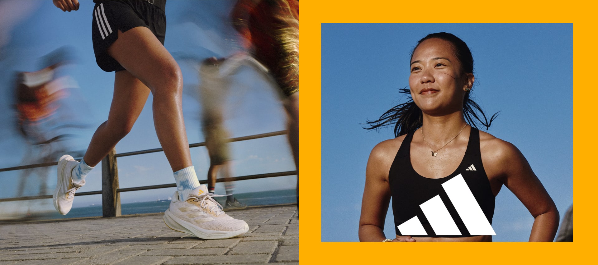 Close-up image of a woman running in Supernovas and a woman wearing adidas running gear.