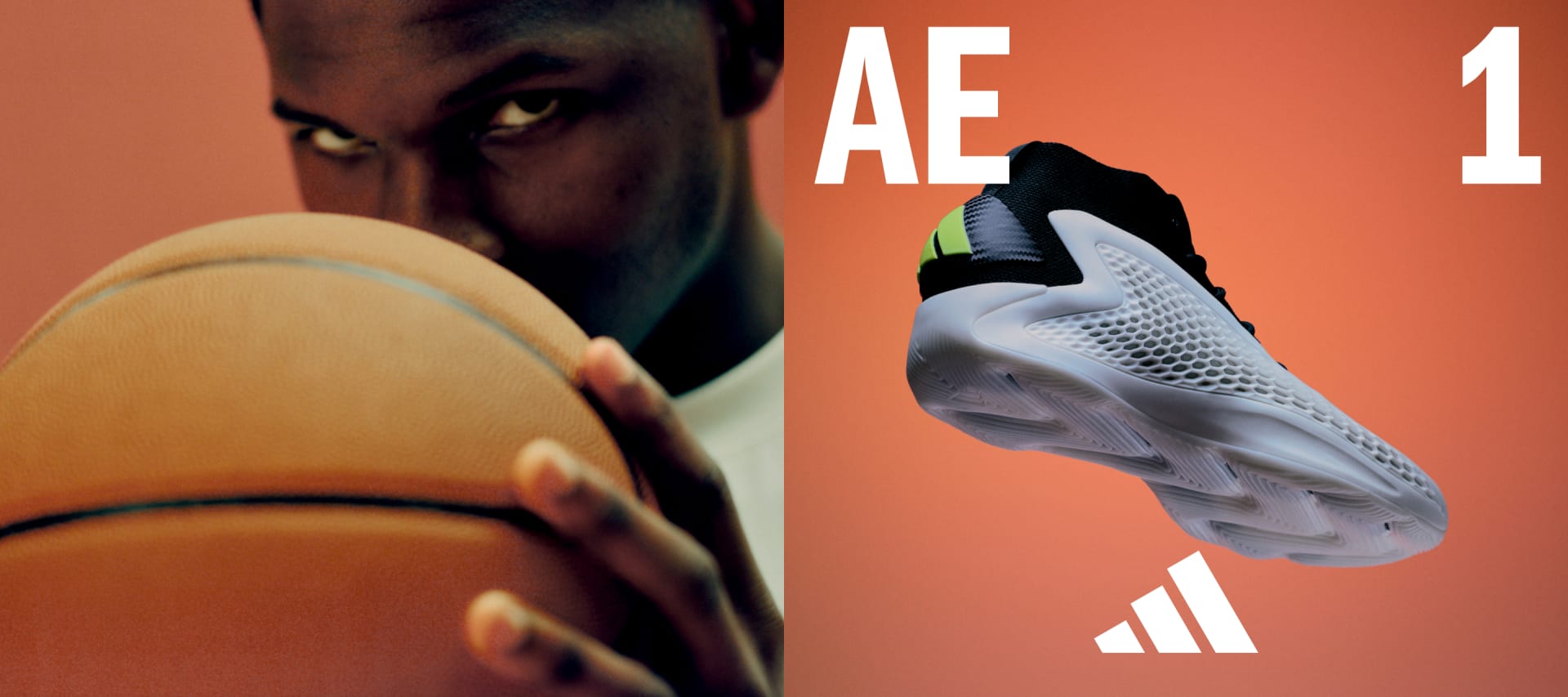 Composition of Anthony Edwards holding basketball and white and black shoe with green adidas logo.