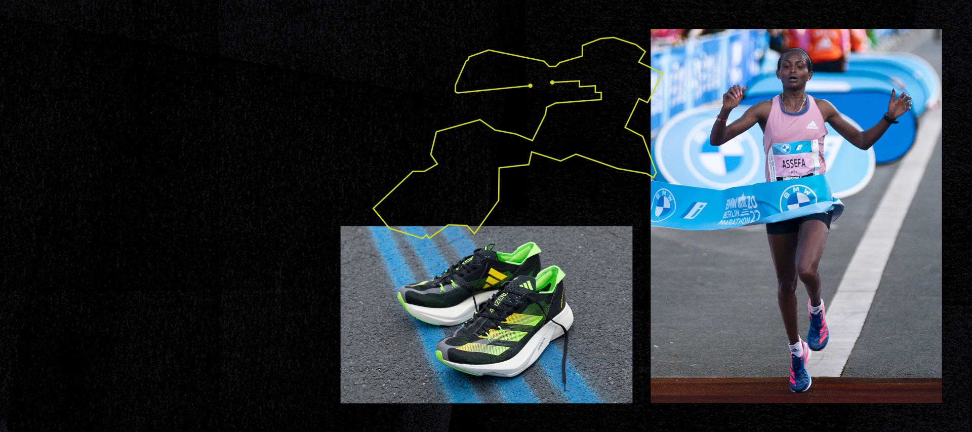 Image of athlete crossing the finish line and an image of a shoe with the outline of a race track.