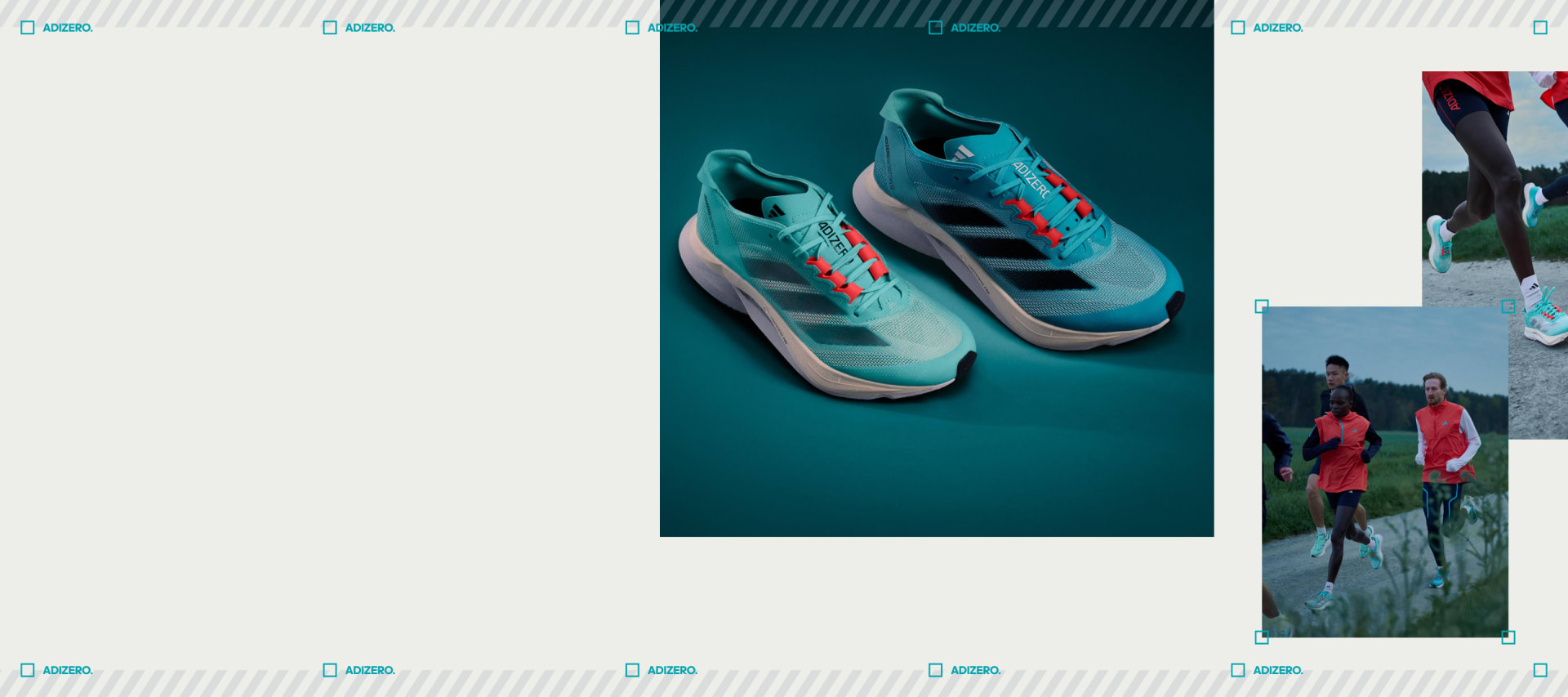 Montage featuring the Adizero Boston 12 running shoe against turquoise backdrop and two views of athletes running outside in Adizero apparel and Boston 12 shoes