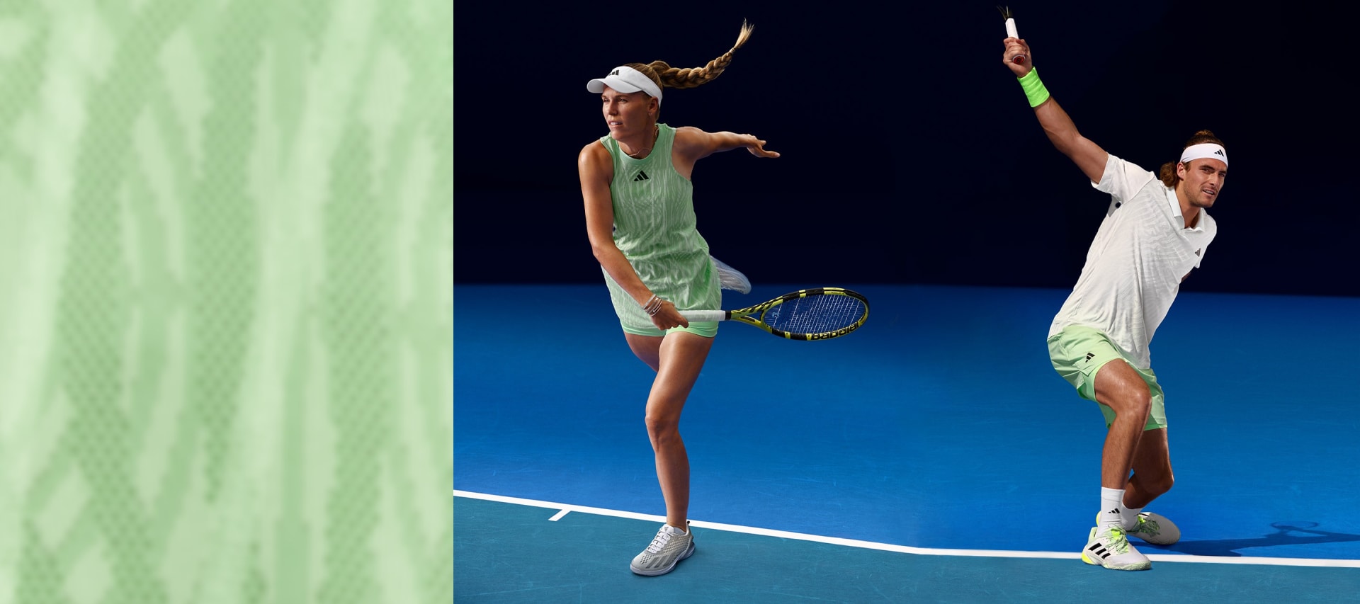 Caroline Wozniacki and Stéfanos Tsitsipás playing tennis in the new Melbourne collection.