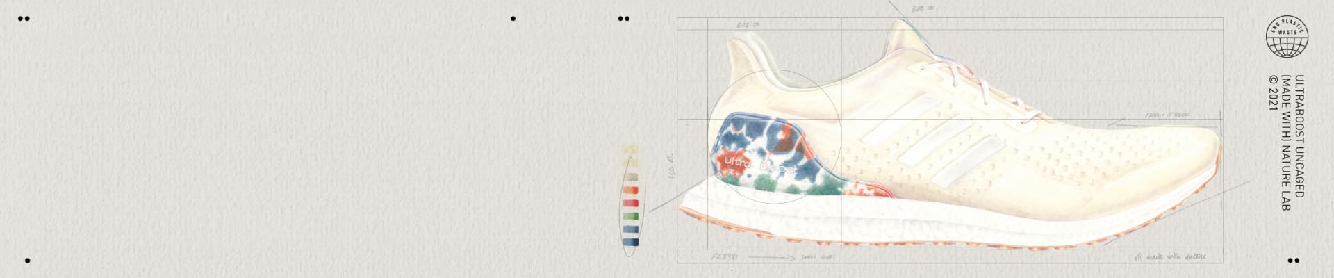 Botanical inspired illustration of the new Ultraboost Uncaged Made with Nature Lab. Designing in balance with the planet. adidas FW21