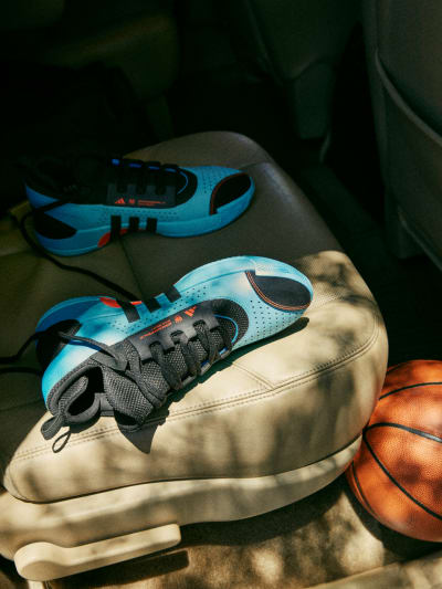 Close-up image of black and blue basketball shoes in dappled light