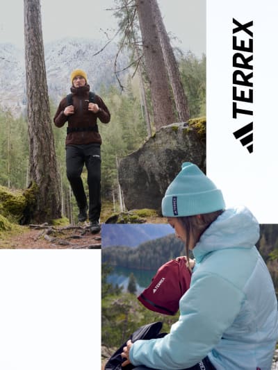 A composition of images of a man wearing products from the Terrex Adventure Wardrobe collection, including a shot of him hiking through a forest wearing a brown zip up fleece and black trousers.
