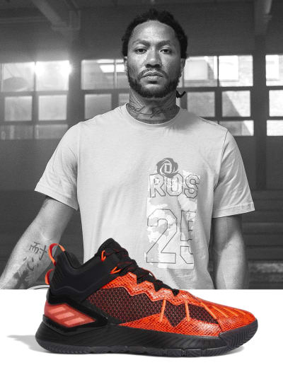 Black-and-white image of Derrick Rose holding a basketball, with red and black shoe superimposed in front of image.