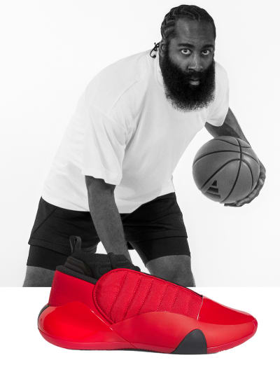 Black-and-white image of James Harden holding a basketball, with blue, green and grey shoe superimposed in front of image.