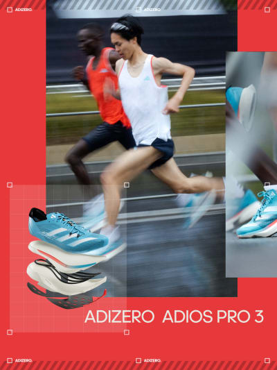 Montage of runners in motion wearing Adizero Pro 3, close-up on running shoe, cross-section of the layers of foam in Adizero Pro 3.