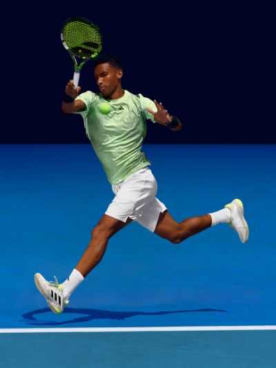 Felix Auger Aliassime playing tennis in the new Melbourne collection.