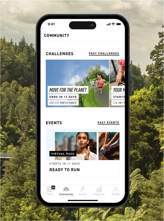 Visual of the adidas running app. Step 2, Tap on the Community tab and go to Challenges.
