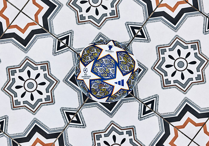 visual of the UEFA Champions league official match ball in Istanbul on the matching traditional tiles