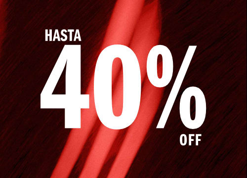 The image displays a large white text "HASTA 40% OFF" against a red background, with red fabric or material draped in the foreground.