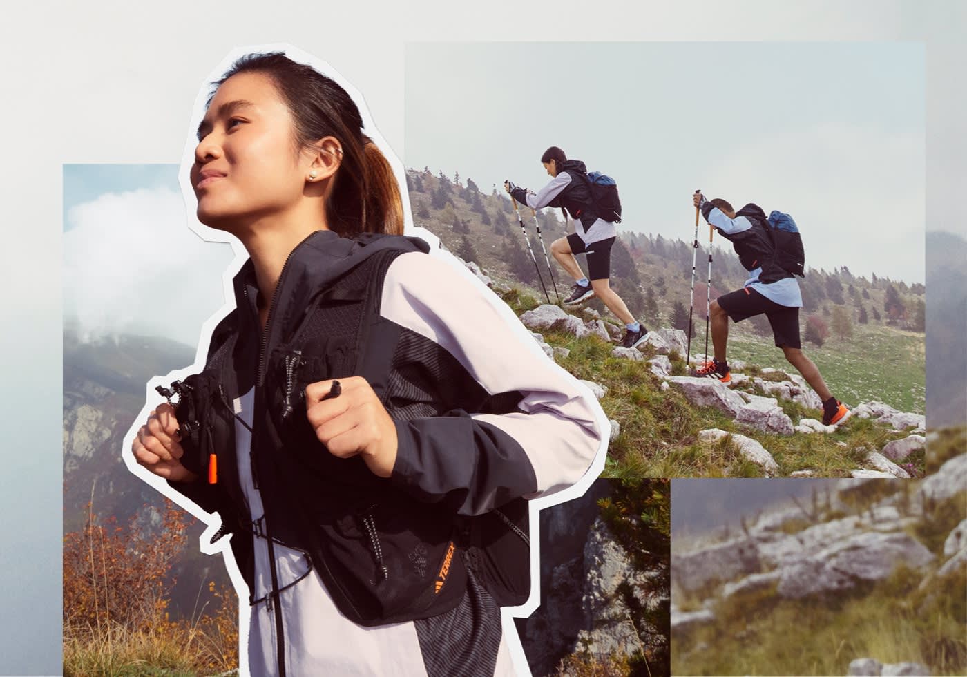Close up of a woman wearing TERREX speed hiking vest end jacket Woman and man wearing TERREX speed hiking collection apparel and shoes hiking in nature.