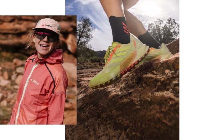 Abby hall wearing TERREX jacket and cap - Close up Agravic flow 2 female shoe