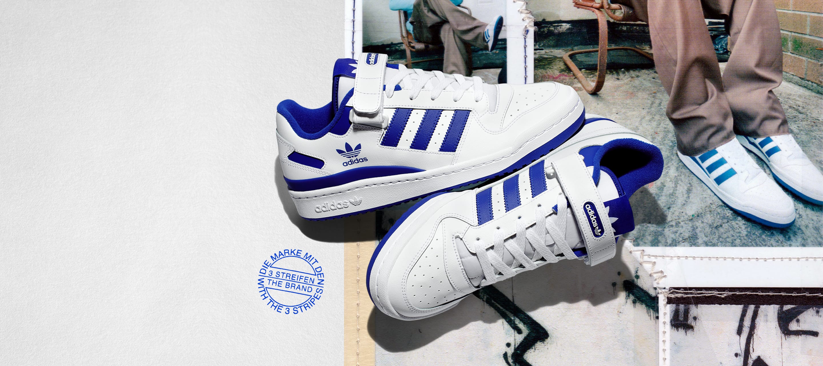 The new Forum Low in white and blue shown with collage backgound featuring product on model.