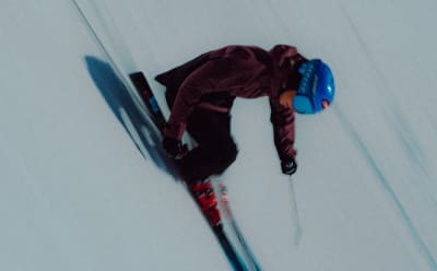 Skier skis downhill wearing the Terrex Adventure Wardrobe FW24 Collection
