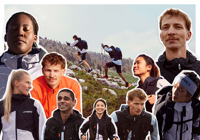 Collage of men and women wearing TERREX apparel, against an image of two people hiking up a hill
