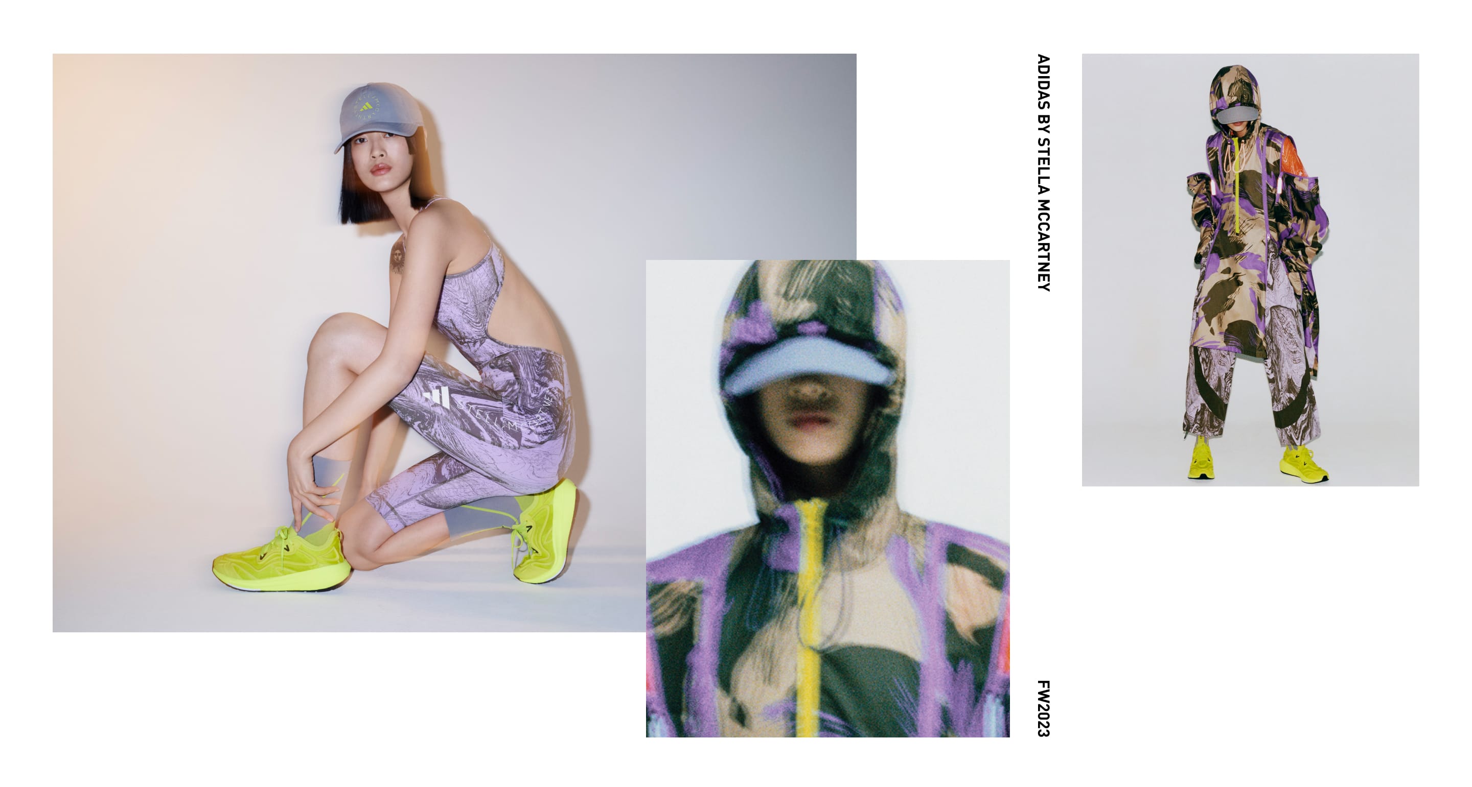 Image shows a selection of items from the adidas by Stella McCartney Outdoor Training range FW23 on a model in various poses.
