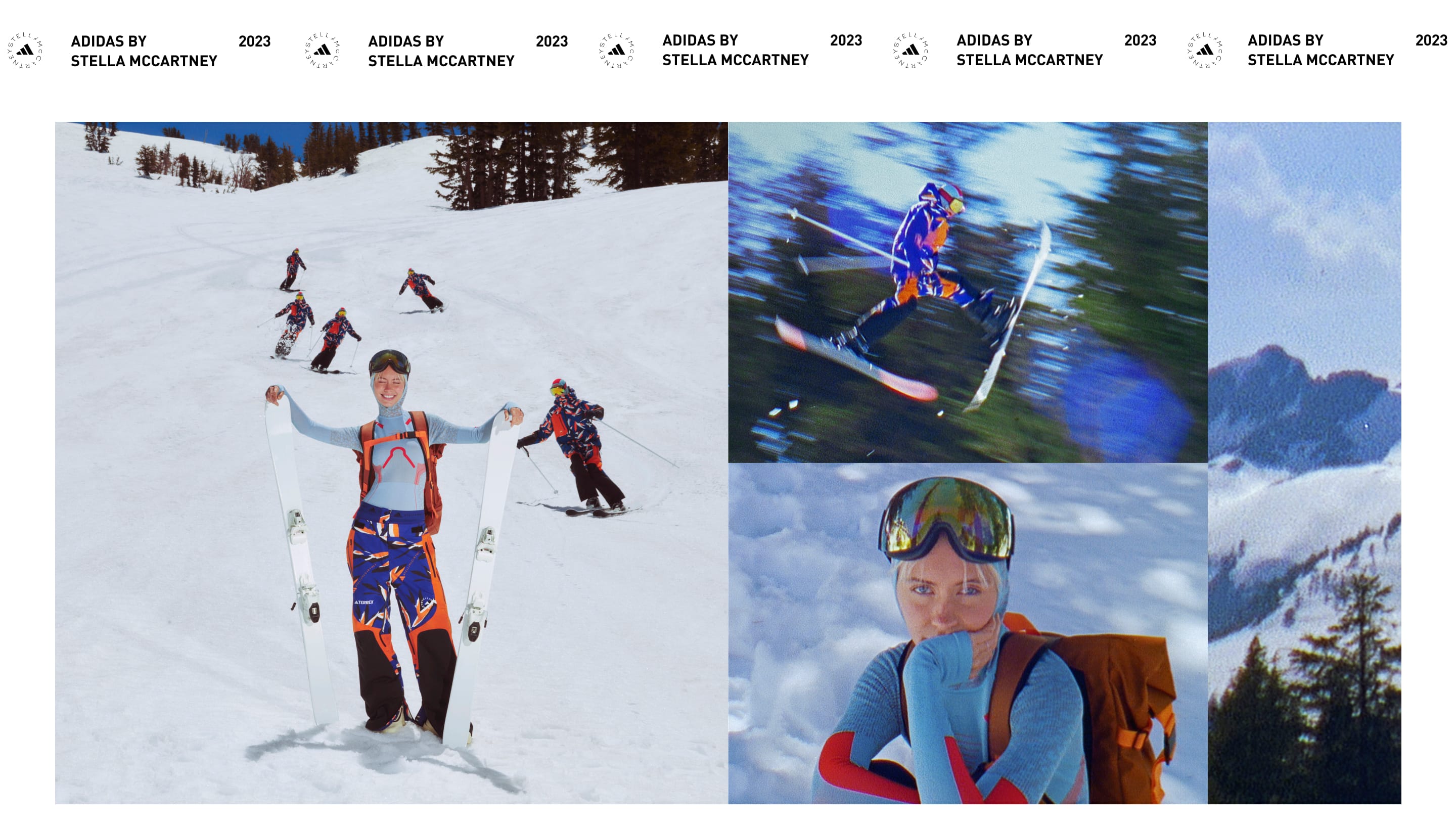 several images of female skier wearing different jackets and trousers from the adidas by Stella McCartney x Terrex winter sports collection on a ski slope