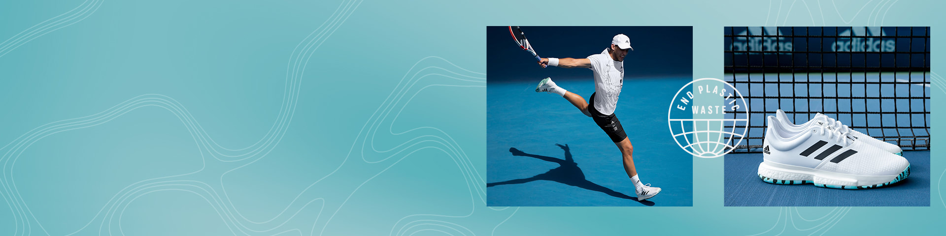 Dominic Thiem hits a backhand in the new adidas Parley tennis range including the Parley Solecourt shoes