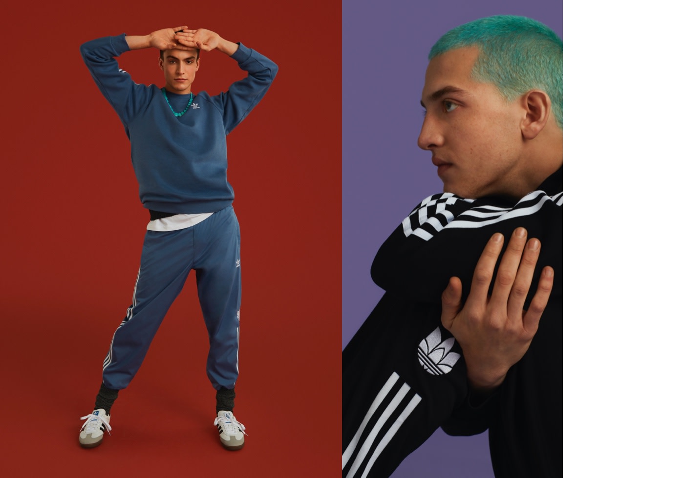 Guy standing in blue tracksuit and another guy with blue hair facing him.