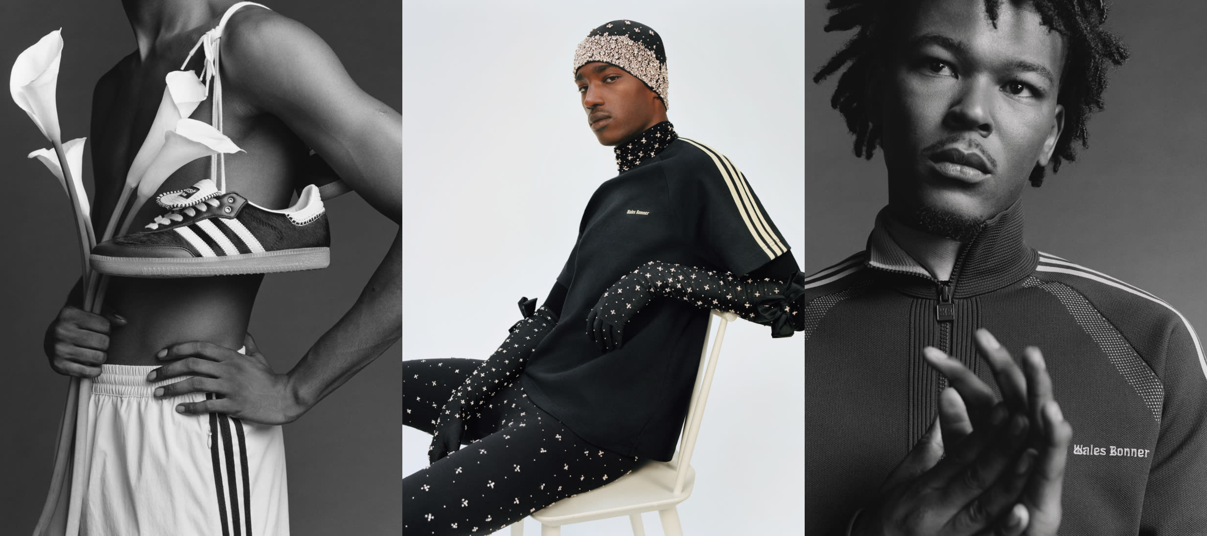 3 separate images are shown of models wearing the adidas Originals my Wales Bonner collection.