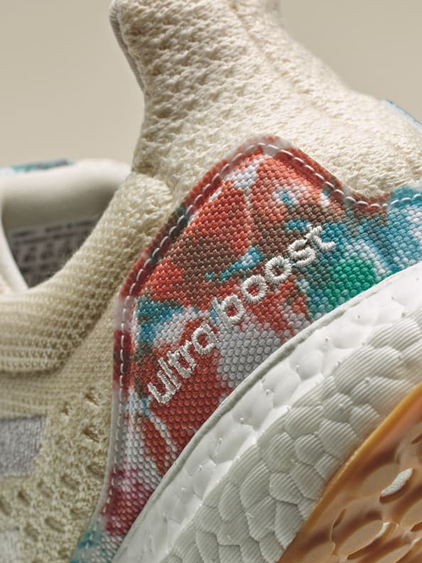 Heel detail shot showing the nature inspired pattern of the new Ultraboost Uncaged Made with Nature Lab. Designing in balance with the planet. adidas FW21